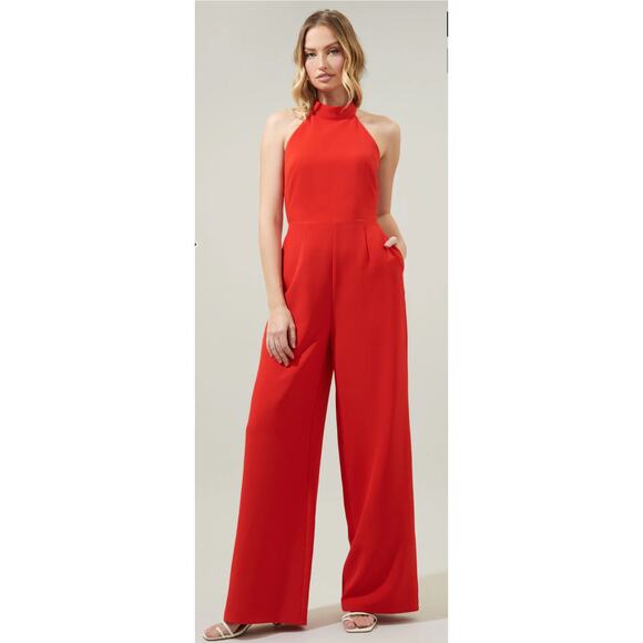 Sugar Lips Bright Red After Hours Backless Halter Jumpsuit with Pockets Size XL - Picture 1 of 10